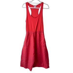 Athleta Baja Linen Midi Dress Coral Pink Ribbed Racerback Tank Pocketed Large